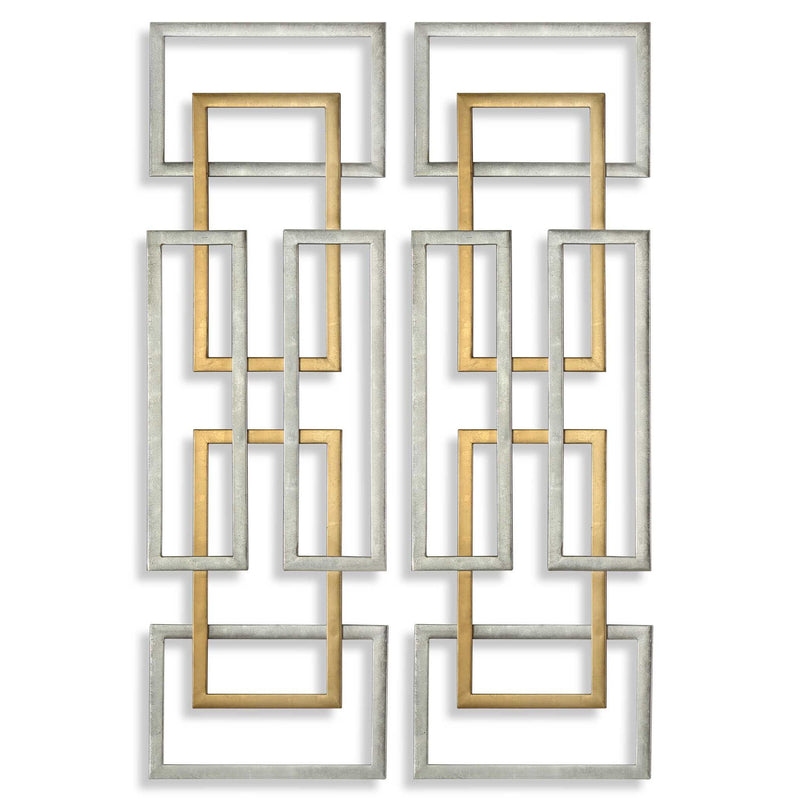Uttermost Aerin gold geometric wall art set of 2, modern wall decor with angular metal designs on a neutral background.