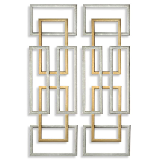 Uttermost Aerin gold geometric wall art set of 2, modern wall decor with angular metal designs on a neutral background.