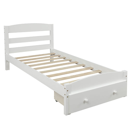 DreamHaus platform storage bed frame with wood slat support, built-in storage drawers, no box spring required, modern design.