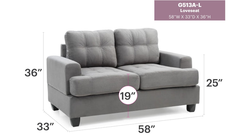 Glory Furniture stylish transitional loveseat for two, stationary design with plush cushions and modern fabric upholstery.