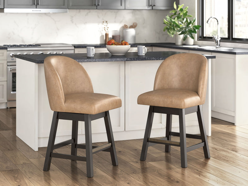 Neymorton - Upholstered Swivel Faux Leather Barstool (Set of 2) - Dark Grayish Brown - R&R Furniture Gallery (Fountain Valley, CA)