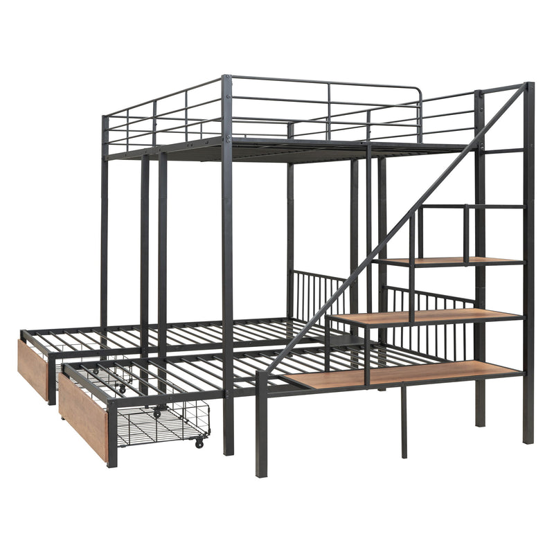 Full Over Twin-Twin Triple Bunk Bed With Drawers And Staircase - Black - R&R Furniture Gallery (Fountain Valley, CA)
