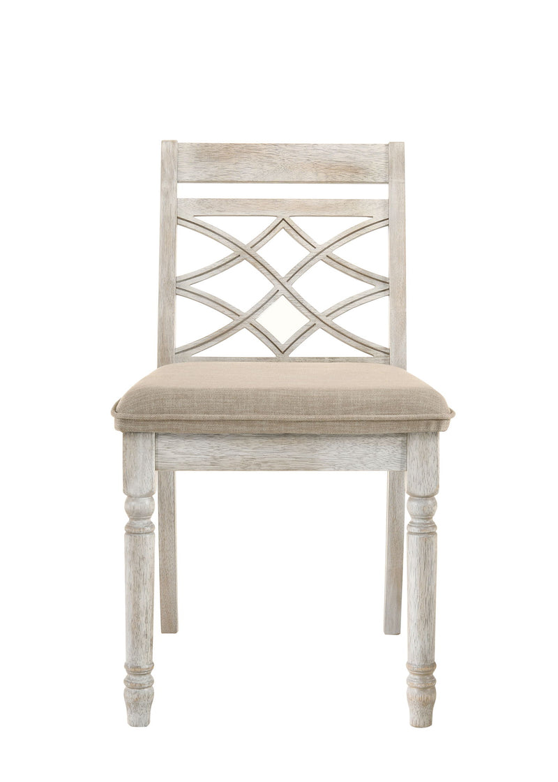 Vintage walnut 5-piece dining room set by Lilola Home with round table and off-white chairs, perfect for modern dining spaces.