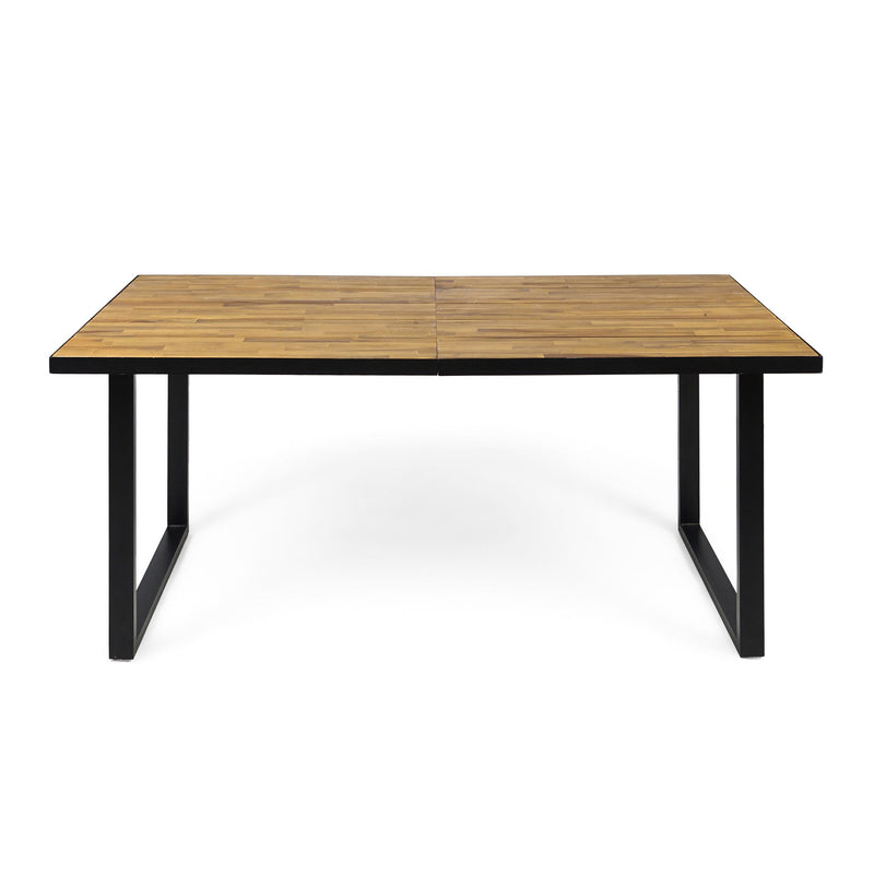 Outdoor teak dining table with U-shape legs and slat top, designed for outdoor dining spaces by Noble House.