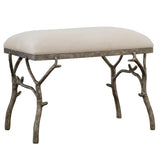 Uttermost Lismore small beige fabric accent bench with cushioned top and wooden legs, ideal for living room or bedroom decor.