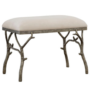 Uttermost Lismore small beige fabric accent bench with cushioned top and wooden legs, ideal for living room or bedroom decor.