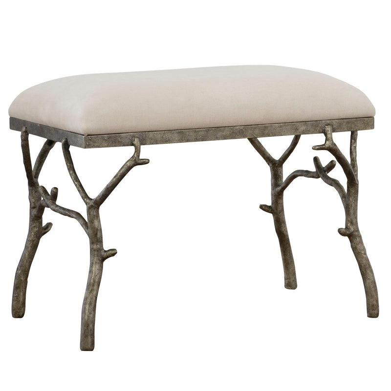 Uttermost Lismore small beige fabric accent bench with cushioned top and wooden legs, ideal for living room or bedroom decor.
