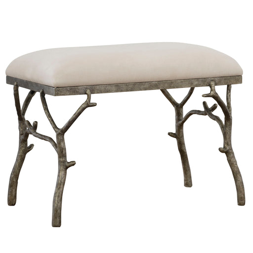 Uttermost Lismore small beige fabric accent bench with cushioned top and wooden legs, ideal for living room or bedroom decor.