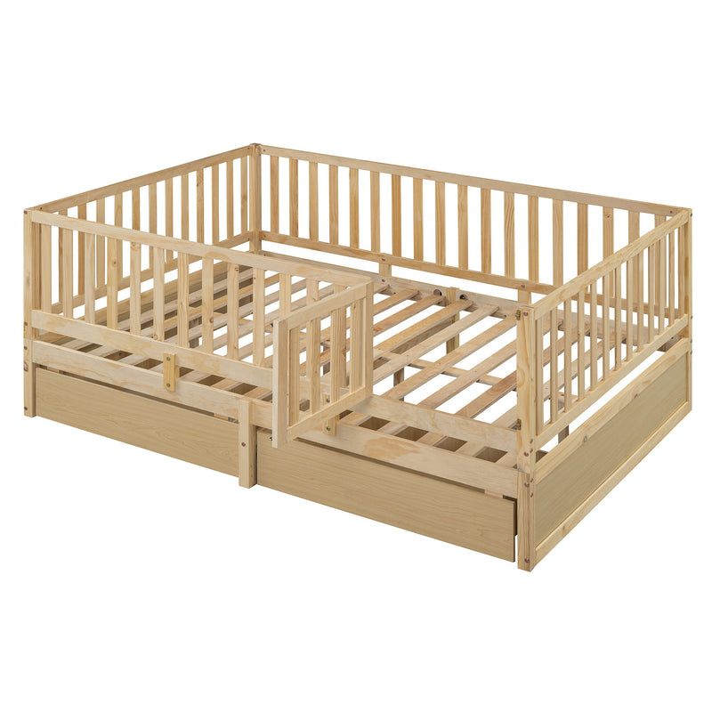DreamHaus storage daybed with fence guardrails, two drawers, shown split into a floor bed and daybed, made of wood with a cozy design.