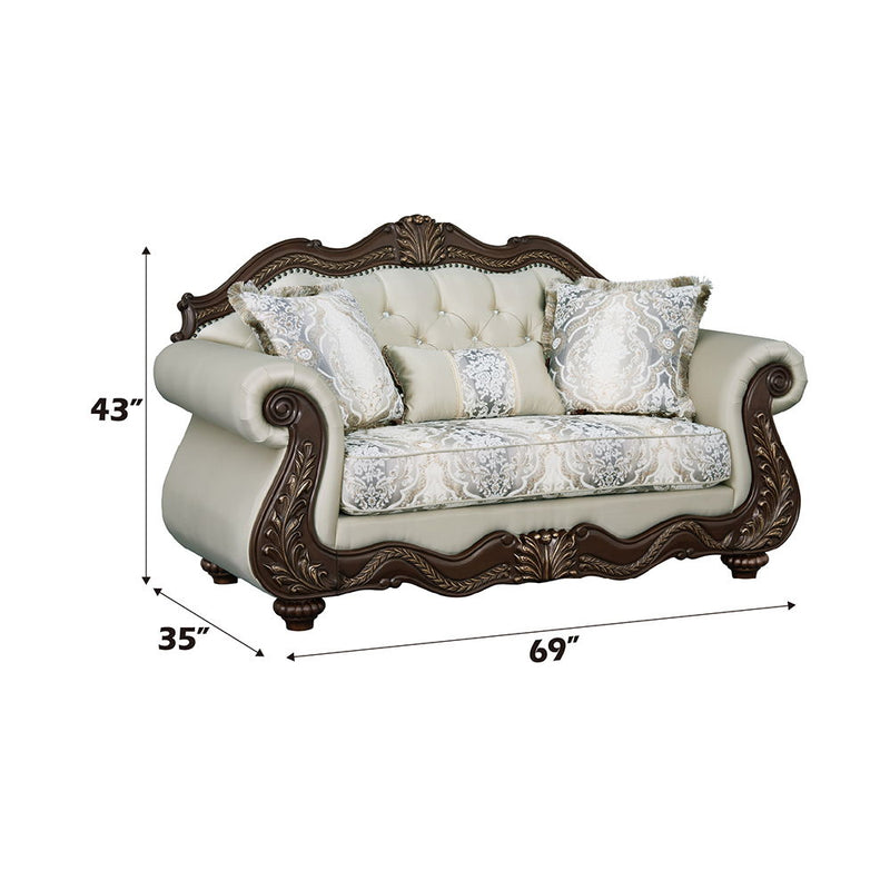Pierce - Loveseat With 3 Pillows - Beige Fabric & Cherry - R&R Furniture Gallery (Fountain Valley, CA)