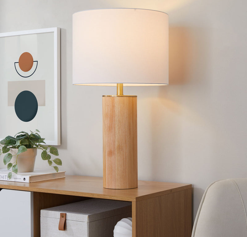 Contemporary Ash and antique brass cylinder table lamp by Lumi Source with white shade on a sleek base.