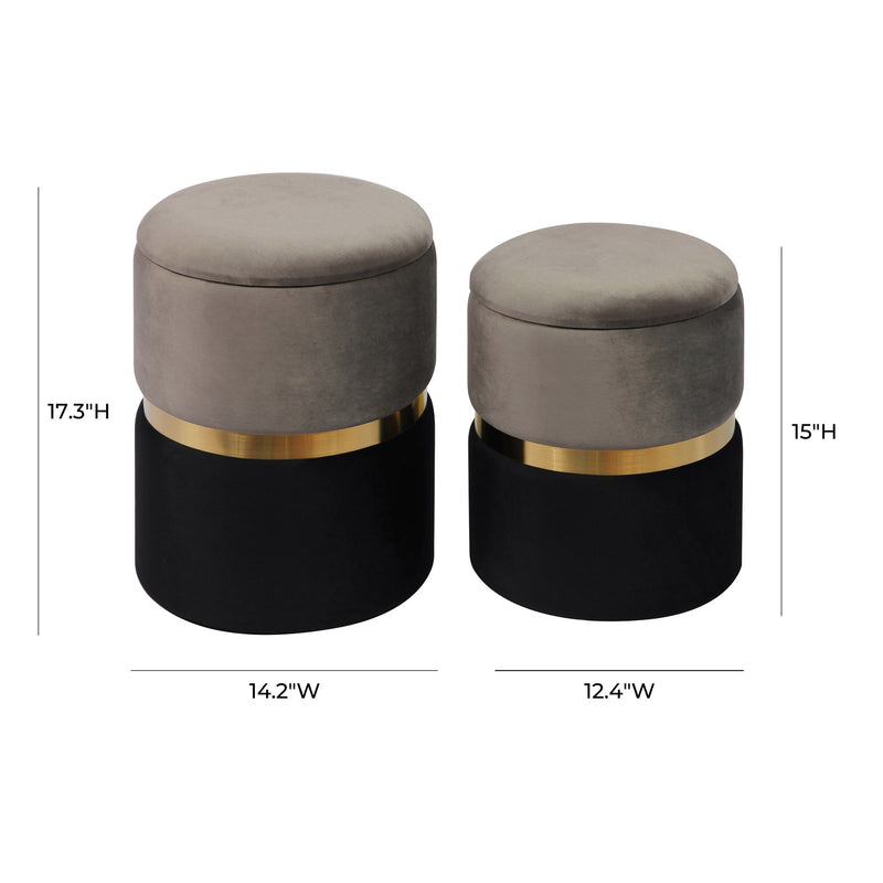 Set of two TOV Furniture Gigi storage ottomans with padded tops and wooden legs, ideal for living room organization and seating.