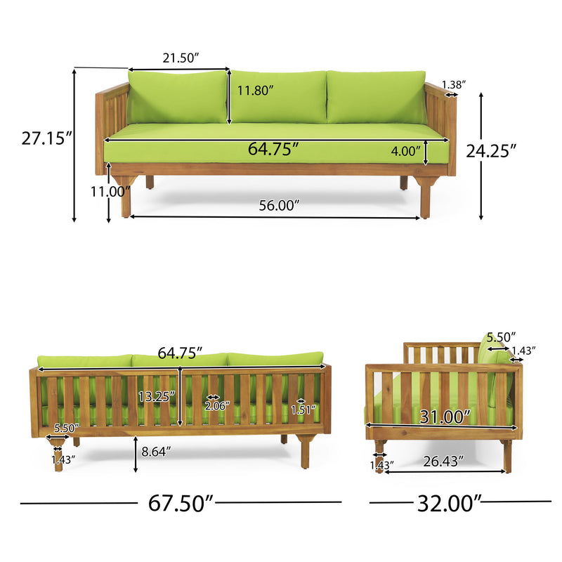 Noble House Claremont 3-seater teak acacia wood daybed sofa with water-resistant cushions, ideal for outdoor lounging.