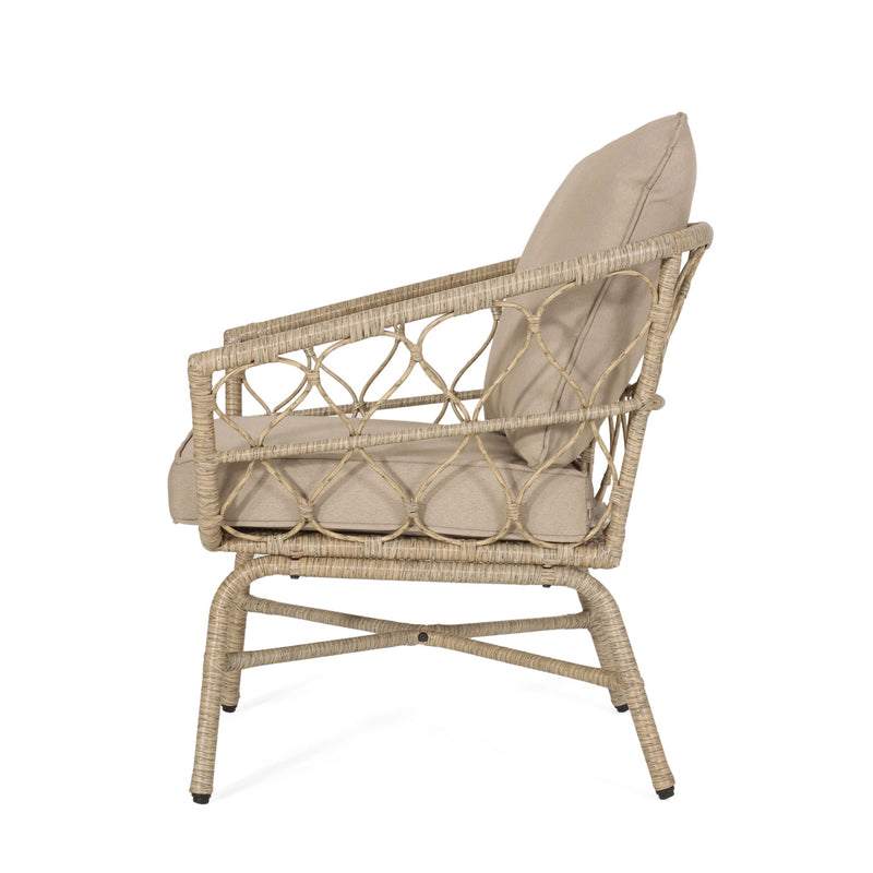 Noble House Bruce outdoor club chair set with water-resistant cushions, rattan and iron frame in brown, perfect for patio seating