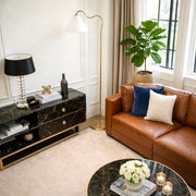 Majestic - Ring Base Curved Floor Lamp With Triangle Drum Shade - Gold / White - R&R Furniture Gallery (Fountain Valley, CA)