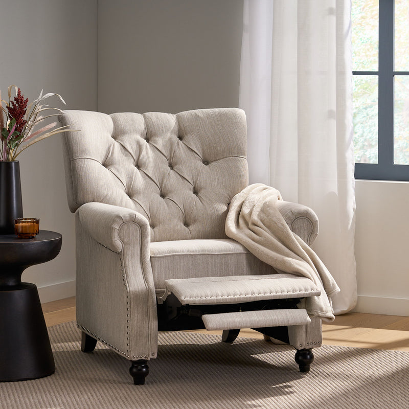 Welch contemporary tufted pushback recliner by Noble House, featuring plush upholstery and modern design in a living room setting.