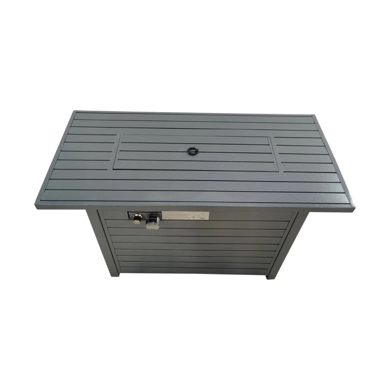 Gray propane outdoor fire pit table with lid, featuring a sleek design suitable for patio outdoor heating and ambiance.