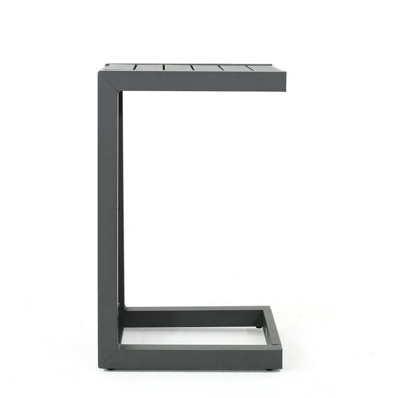 Aluminum outdoor C-shaped side table for patio by Noble House, featuring a sleek, modern design and sturdy construction.