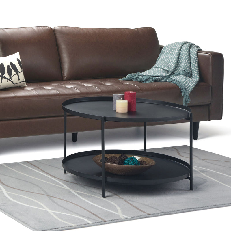 Simpli-Home Monet handcrafted coffee table with a sleek wooden finish and modern design, perfect for living room decor.