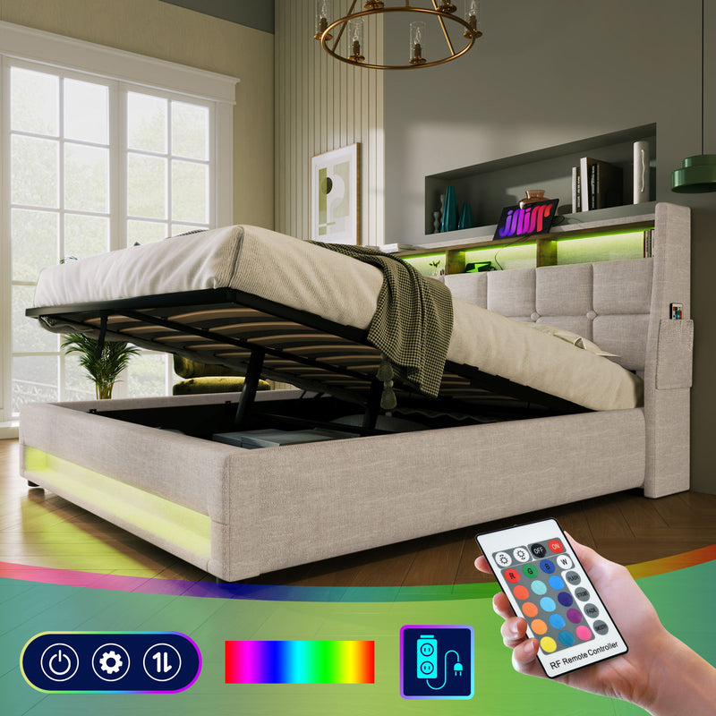 Artistry At Home upholstered platform bed with hydraulic storage, LED lighting, and USB charging ports, without mattress.