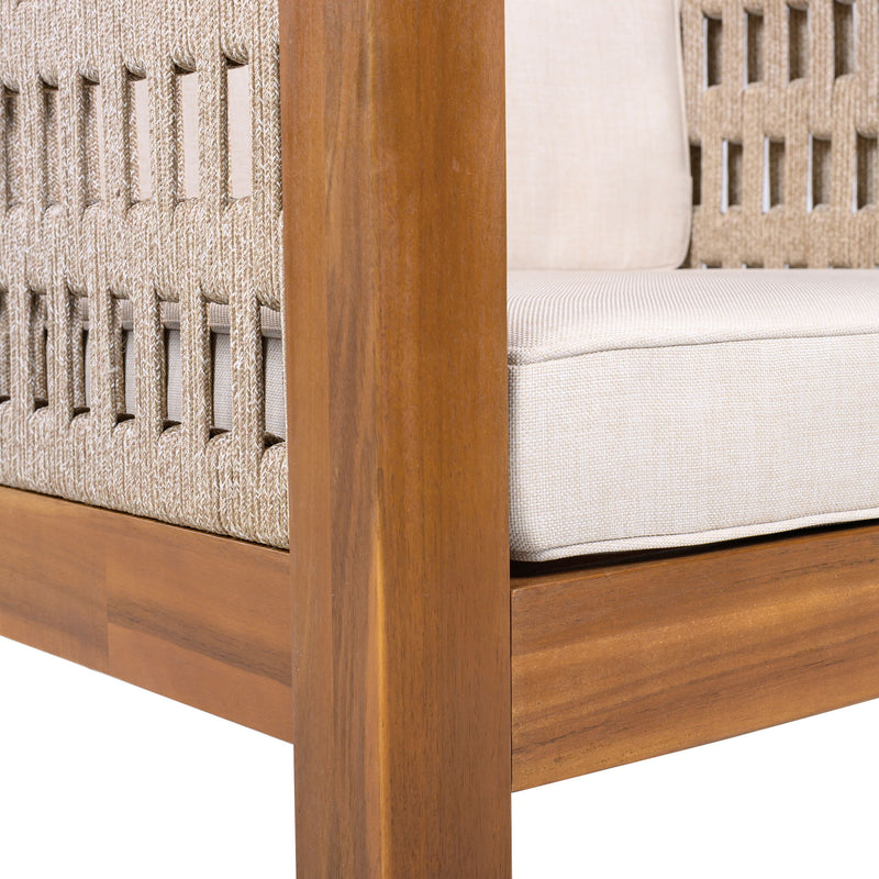 Noble House outdoor club arm chair with rope armrests and plush cushions, perfect for patio lounging.