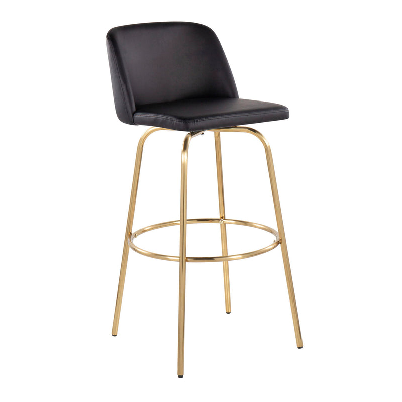Pair of Lumi Source Toriano contemporary fixed height barstools with swivel seats and round footrests, set of two.