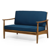 Noble House outdoor acacia wood loveseat set with two chairs and a coffee table, perfect for patio relaxation.