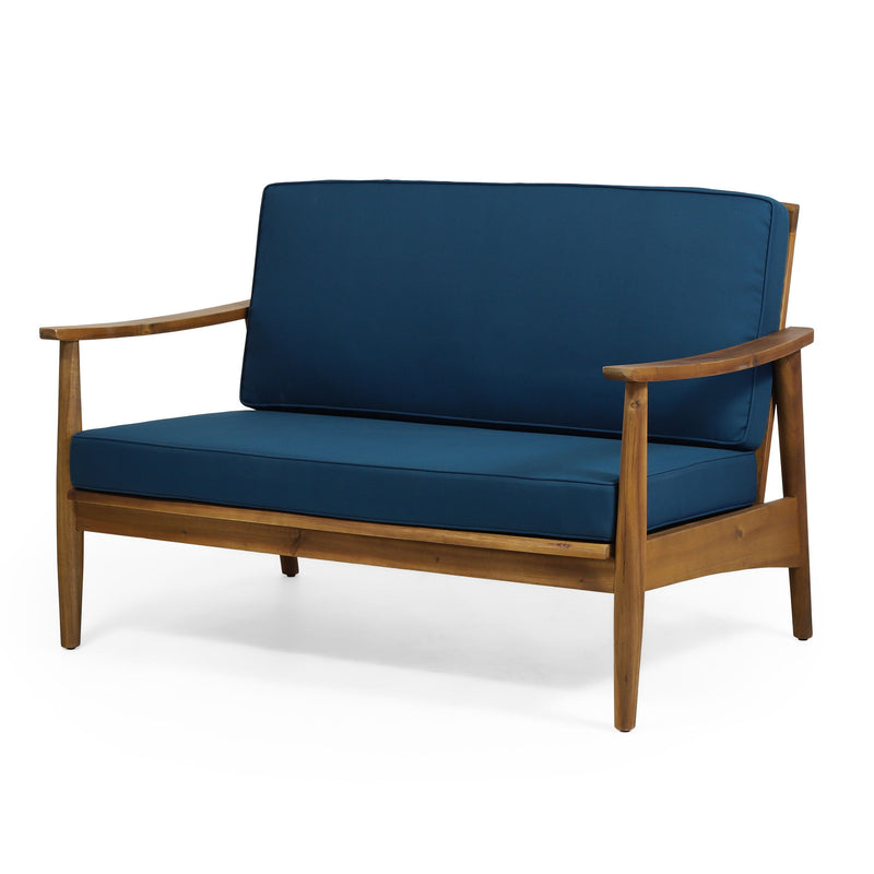 Noble House outdoor acacia wood loveseat set with two chairs and a coffee table, perfect for patio relaxation.