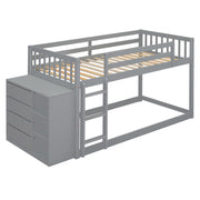 DreamHaus bunk bed with built-in four drawers and three shelves, featuring a sturdy frame and space-saving design.