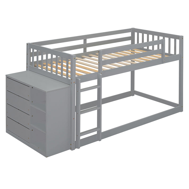 DreamHaus bunk bed with built-in four drawers and three shelves, featuring a sturdy frame and space-saving design.