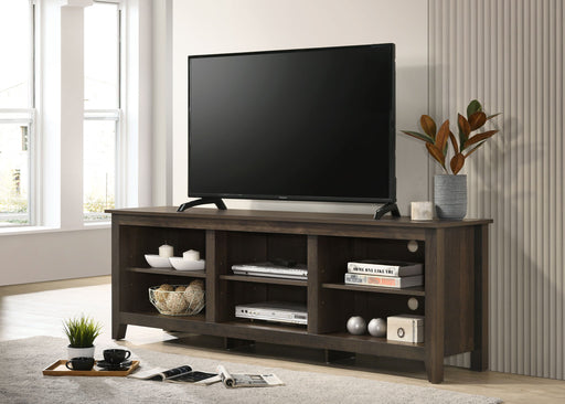 Lilola Home Benito TV stand with open shelves and cable management, showcasing a modern design for living room entertainment.