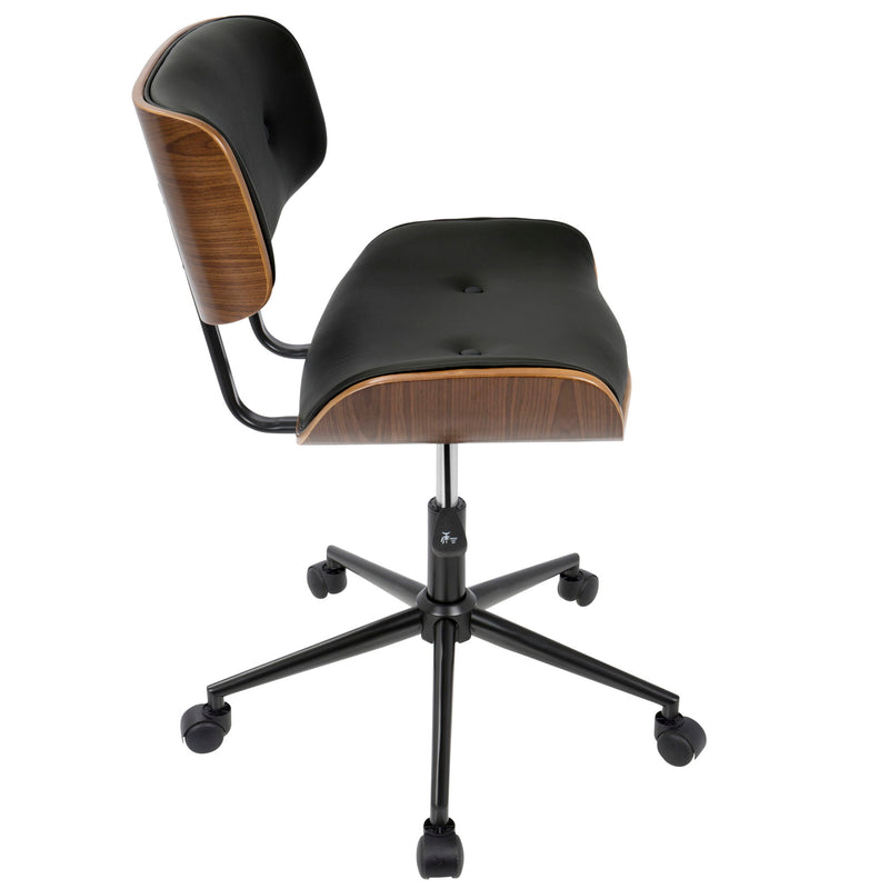 Lumi Source Lombardi mid-century modern adjustable swivel office chair with cushioned seat and wooden armrests, on a white background.