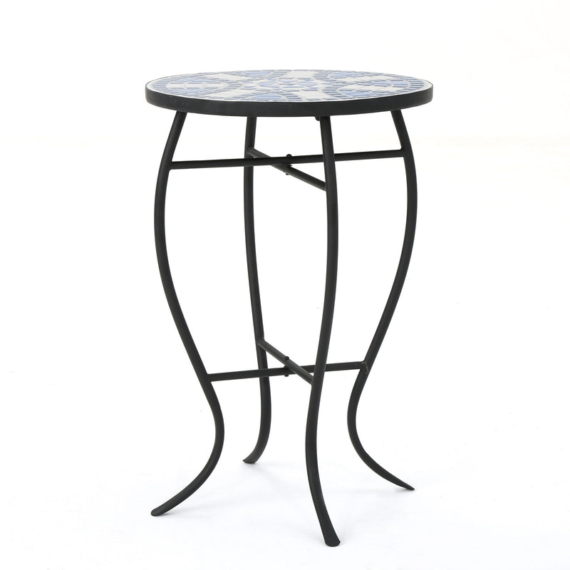 Outdoor Round Side Table With Mosaic Style Top And Curved Iron Legs - Blue / Matte Black - R&R Furniture Gallery (Fountain Valley, CA)
