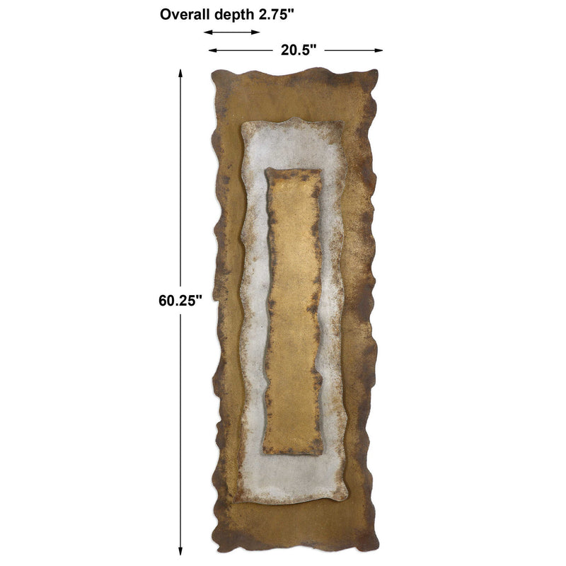 Uttermost Jaymes oxidized gold panel wall decor with textured, geometric design for modern interior accents.