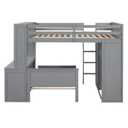 DreamHaus loft bed with twin size bed, shelves, desk, and wardrobe in a compact bedroom setup.