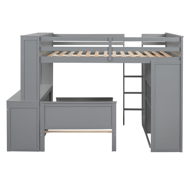 DreamHaus loft bed with twin size bed, shelves, desk, and wardrobe in a compact bedroom setup.