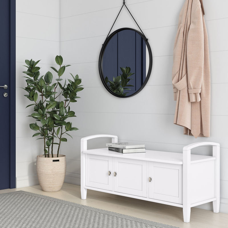 Handcrafted Warm Shaker entryway storage bench by Simpli-Home with wooden finish and cushioned seat for seating and organization.