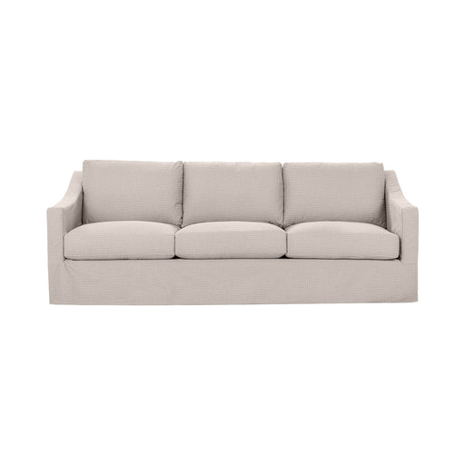 Classic Home Kipton upholstered stationary sofa with plush fabric, featuring a modern design and comfortable seating in a living room setting.