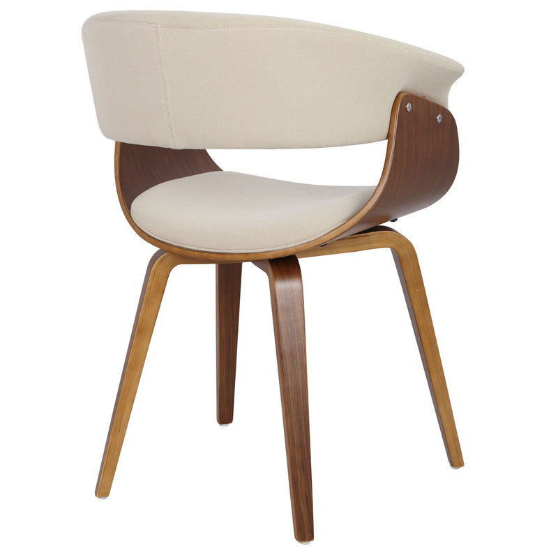 Set of two Lumi Source vintage mid-century modern dining chairs with wooden legs and upholstered seats, showcasing sleek design.