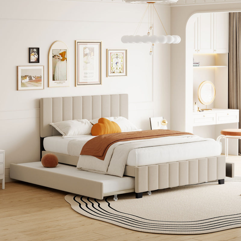 DreamHaus platform upholstered storage bed with two drawers and twin long trundle, showcasing a modern, padded headboard and sleek design.
