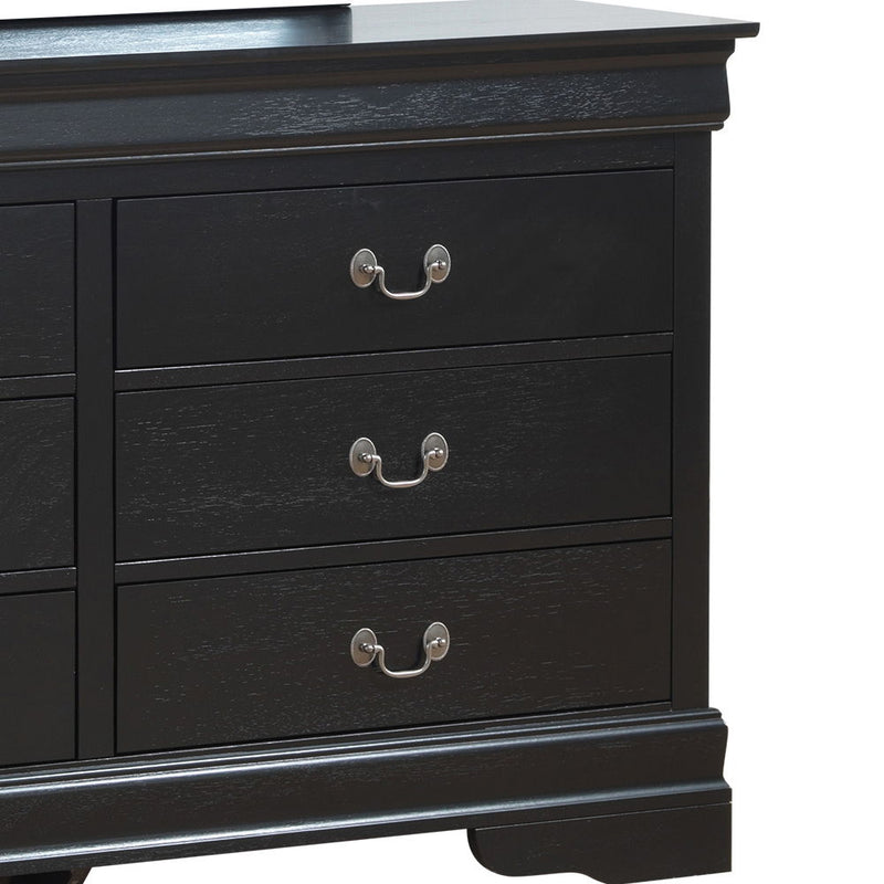 Black elegant dresser from Glory Furniture with sleek drawers and modern design, shown in a contemporary bedroom setting.