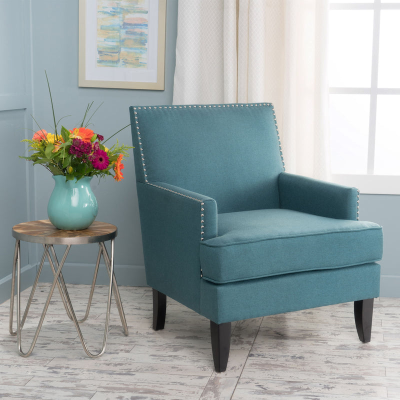 Noble House Serenada upholstered fabric club arm chair with nailhead trim and tapered birch wood legs, stylish and comfortable.