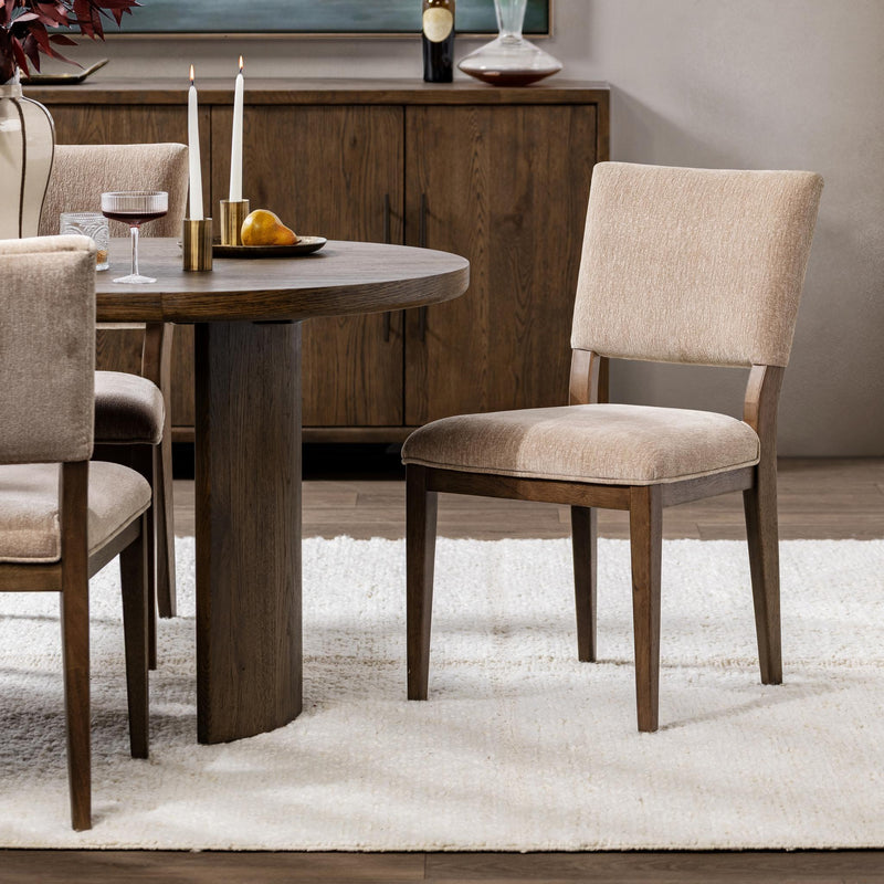 Set of two Classic Home Arima dining chairs with wooden frames and upholstered seats, ideal for modern dining rooms.