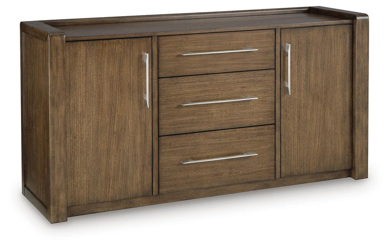 Benchcraft Marxmore dining room server in brown with storage drawers and cabinet doors, ideal for elegant home dining spaces.