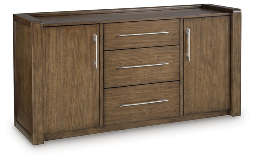 Benchcraft Marxmore dining room server in brown with storage drawers and cabinet doors, ideal for elegant home dining spaces.