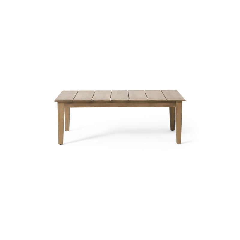 Noble House outdoor coffee table with light brown slat panel top, sturdy wooden design for patio or garden use.