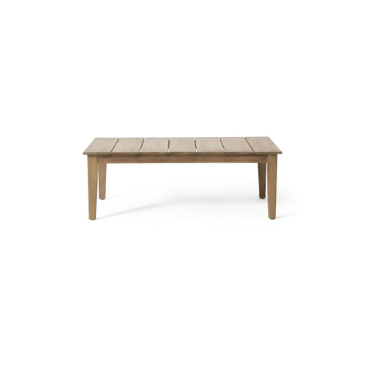 Noble House outdoor coffee table with light brown slat panel top, sturdy wooden design for patio or garden use.