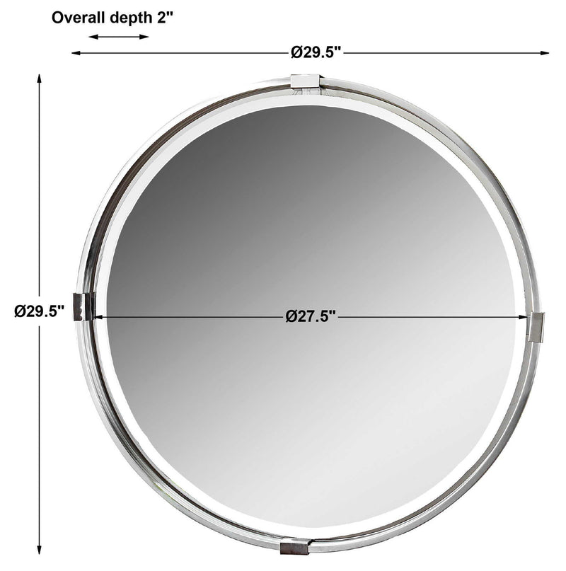 Uttermost Tazlina round wall mirror with brushed nickel finish, featuring a sleek, modern design and a smooth reflective surface.