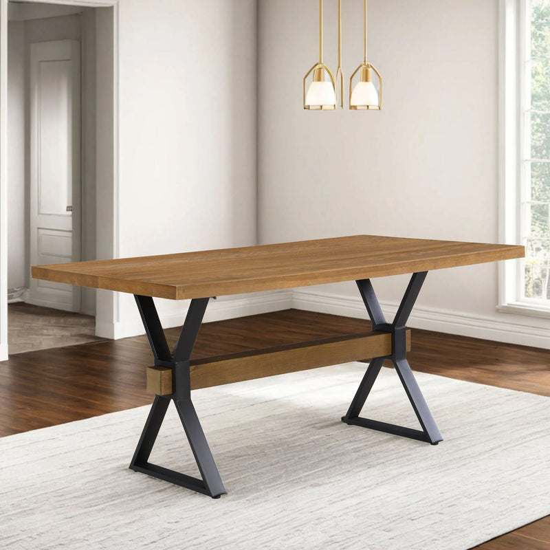 Brown farmhouse style dining table with X-shaped legs and moulded details, crafted by Noble House.