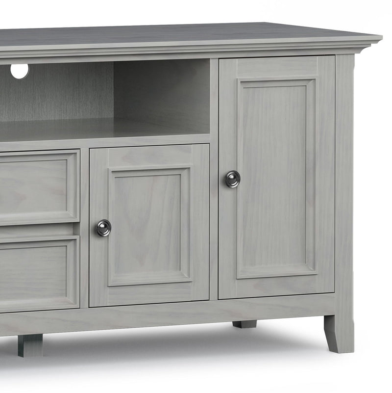 Simpli-Home Amherst wide TV media stand with open shelving and storage cabinets, made of wood in a modern design.